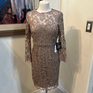 NWT MARINA Champagne Lace Dress w/ Long Sleeves Size 4